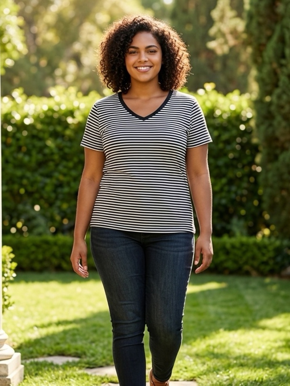 NWT Plus Size Classic V Neck Short Sleeve Black/White Stripe Tee Top Shirt - XXL